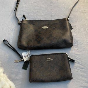 Coach Signature Double Corner Zip Wristlet (Brown/Black)